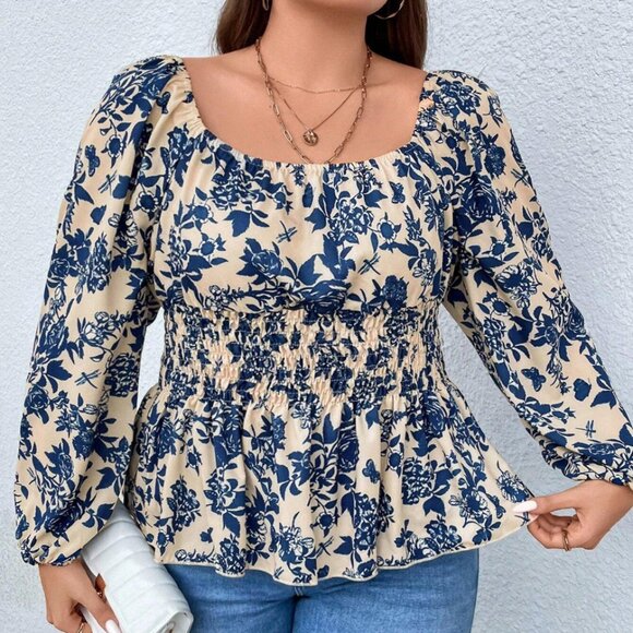 SHEIN CURVE+ Plus Floral Print Lantern Sleeve Peplum Blouse - Picture 1 of 6